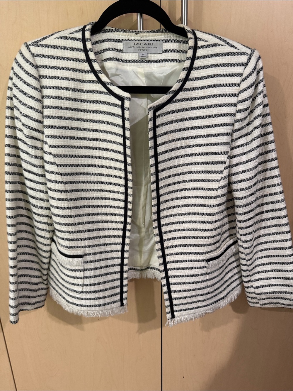 Tahari White and Black Striped Collarless Bouclé Blazer